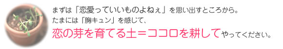 まずは「恋愛っていいものよねぇ」を思い出すところから。たまには「胸キュン」を感じて、恋の芽を育てる土＝ココロを耕してやってください。